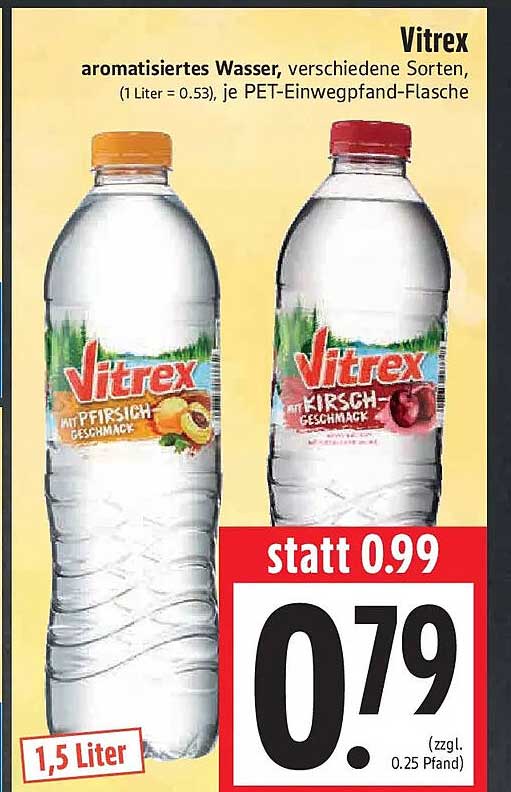 Vitrex aromatisiertes Wasser, verschiedene Sorten, je PET-Einwegpfand-Flasche