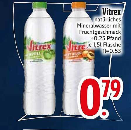 Vitrex natürliches Mineralwasser mit Fruchtgeschmack +0.25 Pfand je 1,5l Flasche 1l=0.53