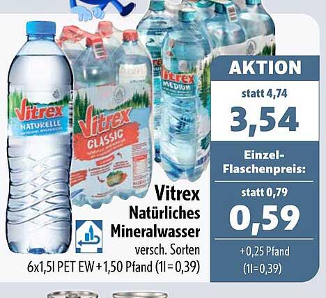 Vitrex Natürliches Mineralwasser versch. Sorten 6x1,5l PET EW +1,50 Pfand (1l=0,39)
