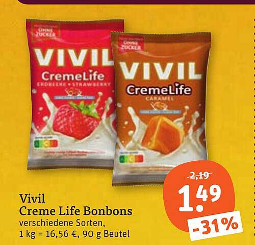Vivil Creme Life Bonbons verschiedene Sorten, 1 kg = 16,56 €, 90 g Beutel