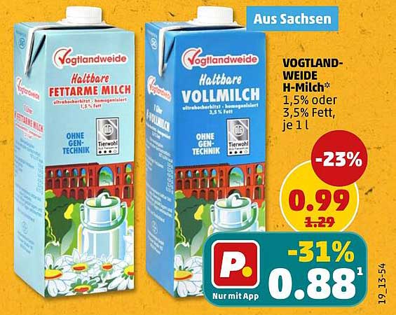 VOGTLAND-WEIDE H-Milch* 1,5% oder 3,5% Fett, je 1 l