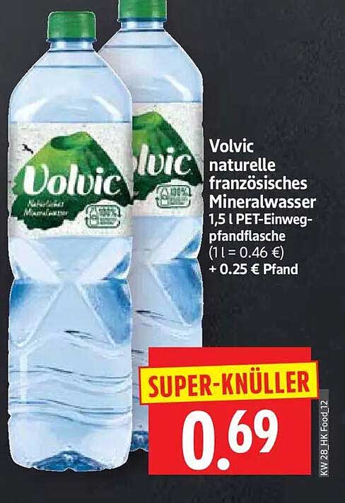 Volvic naturelle französisches Mineralwasser 1,5 l PET-Einweg-pfandflasche (1 l = 0.46 €) + 0.25 € Pfand
