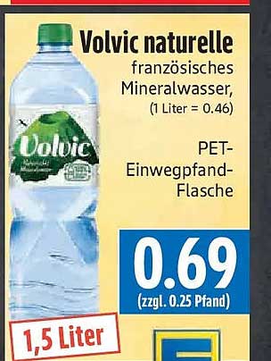 Volvic naturelle französisches Mineralwasser, PET-Einwegpfand-Flasche, 1,5 Liter