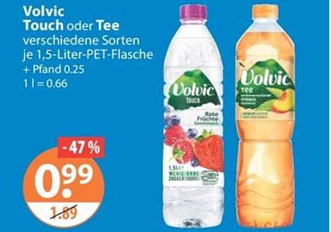 Volvic Touch oder Tee verschiedene Sorten je 1,5-Liter-PET-Flasche + Pfand 0.25 1 l = 0.66