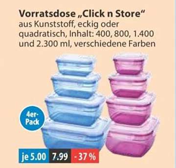 Vorratsdose „Click n Store“ aus Kunststoff, eckig oder quadratisch, Inhalt: 400, 800, 1.400 und 2.300 ml, verschiedene Farben