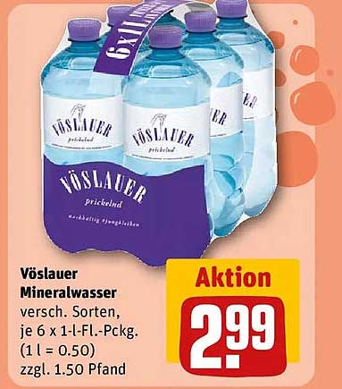 Vöslauer Mineralwasser verschied. Sorten, je 6 x 1-L-FI.-Pckg. (1 l = 0.50) zzgl. 1.50 Pfand