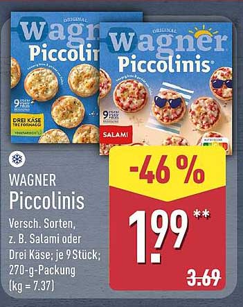 WAGNER Piccolinis Versch. Sorten, z. B. Salami oder Drei Käse; je 9 Stück; 270-g-Packung (kg = 7,37)