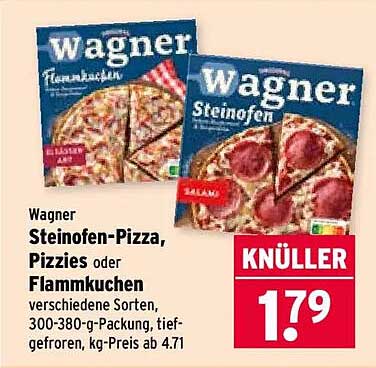 Wagner Steinofen-Pizza, Pizzies oder Flammkuchen verschiedene Sorten, 300-380-g-Packung, tiefgefroren, kg-Preis ab 4.71