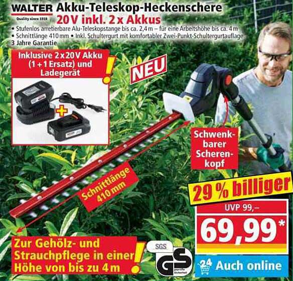 WALTER Akku-Teleskop-Heckenschere 20V inkl. 2 x Akkus