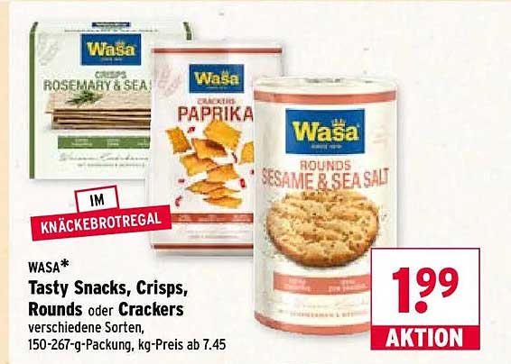 WASA* Tasty Snacks, Crisps, Rounds oder Crackers verschiedene Sorten, 150-267-g-Packung, kg-Preis ab 7.45