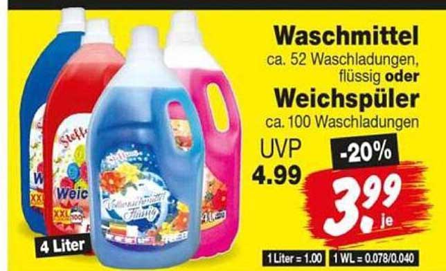 Waschmittel ca. 52 Waschladungen, flüssig oder Weichspüler ca. 100 Waschladungen