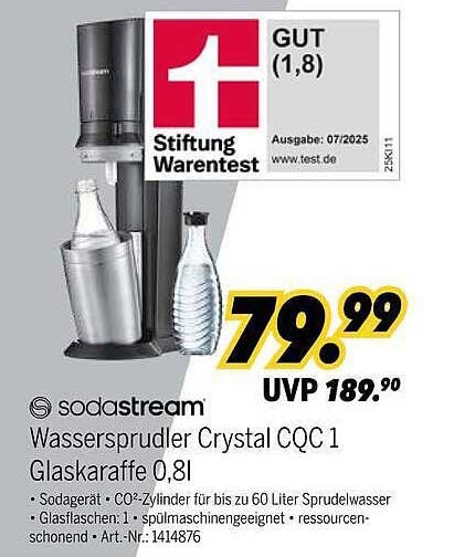 Wassersprudler Crystal CQC 1 Glaskaraffe 0,8l