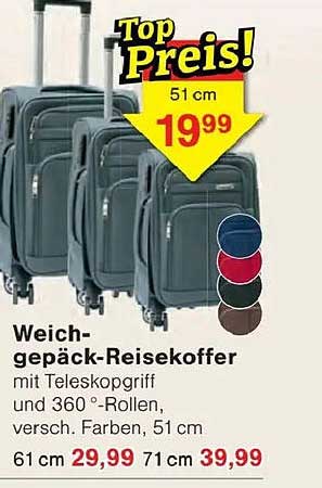 Weichgepäck-Reisekoffer mit Teleskopgriff und 360°-Rollen, versch. Farben, 51 cm
