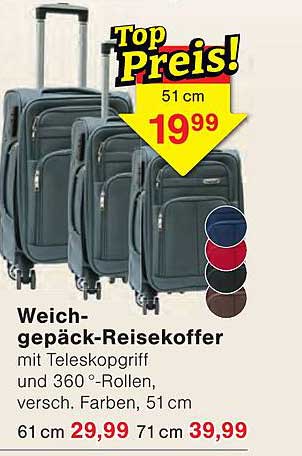Weichgepäck-Reisekoffer mit Teleskopgriff und 360°-Rollen, versch. Farben, 51 cm