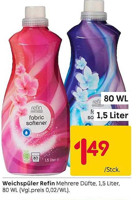 Weichspüler Refin Mehrere Düfte, 1,5 Liter, 80 WL (vgl.preis 0,02/WL).