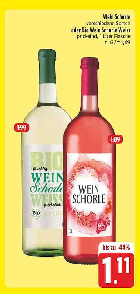 Wein Schorle verschiedene Sorten oder Bio Wein Schorle Weiss prickelnd, 1 Liter Flasche