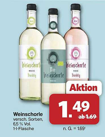 Weinschorle verschieden. Sorten, 6,5 % Vol. 1 l-Flasche