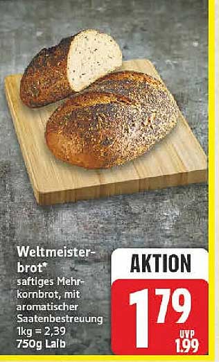 Weltmeisterbrot - saftiges Mehrkornbrot, mit aromatischer Saatenbestreuung 1kg = 2,39 750g Laib
