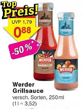 Werder Grillsauce versch. Sorten, 250ml (1 l = 3,52)