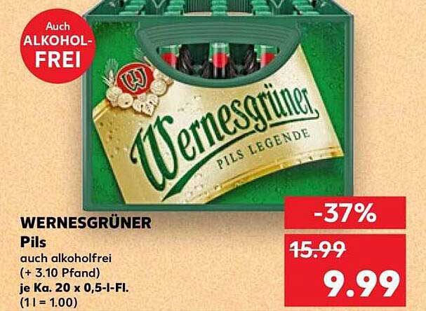 WERNESGRÜNER Pils auch alkoholfrei (+ 3.10 Pfand) je Kg. 20 x 0,5-l-Fl. (1 l = 1.00)
