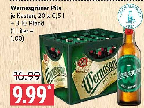 Wernesgrüner Pils je Kasten, 20 x 0,5 l + 3.10 Pfand (1 Liter = 1.00)