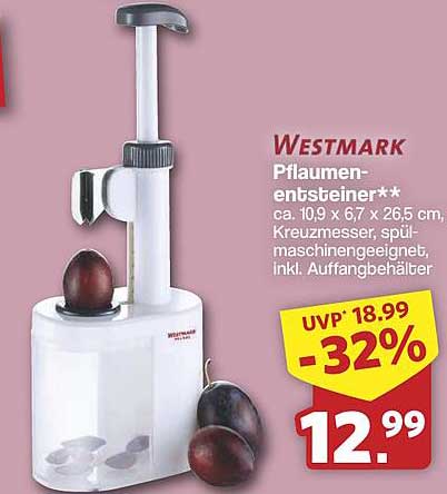 WESTMARK Pflaumenentsteiner** ca. 10,9 x 67 x 26,5 cm, Kreuzmesser, spülmaschinengeeignet, inkl. Auffangbehälter