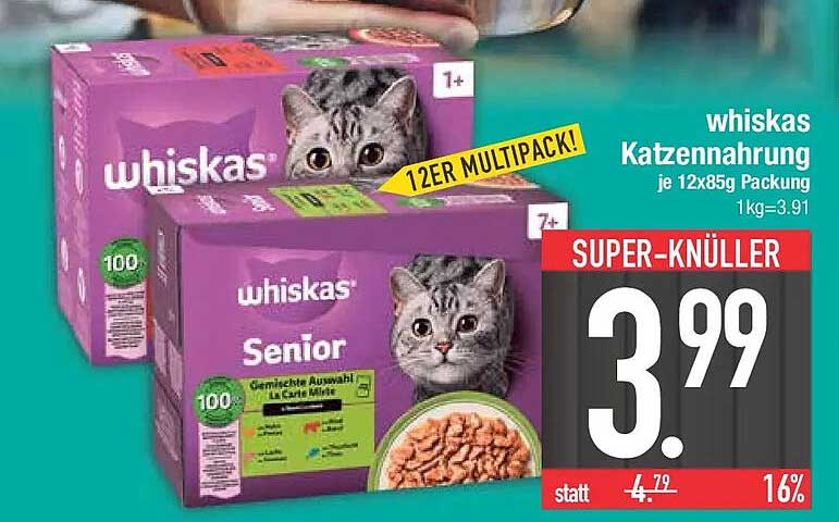 whiskas Katzennahrung je 12x85g Packung 1kg=3.91