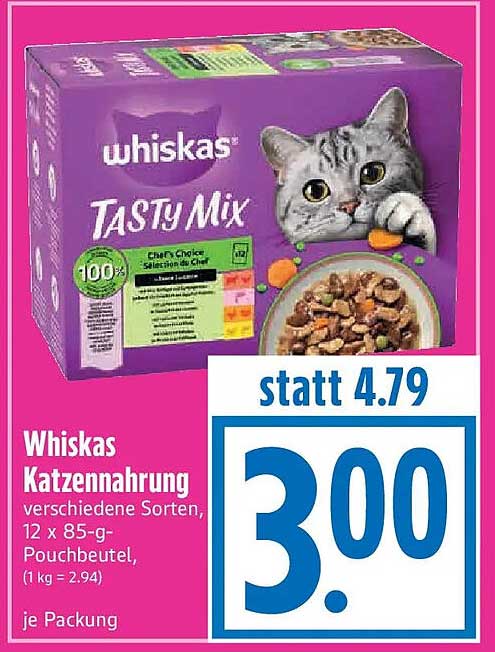 Whiskas Katzennahrung verschiedene Sorten, 12 x 85-g-Pouchbeutel, (1 kg = 2.94) je Packung