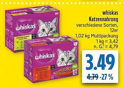 whiskas Katzennahrung verschiedene Sorten, 12er 1,02 kg Multipackung 1 kg = 3,42 n. G. = 4,79