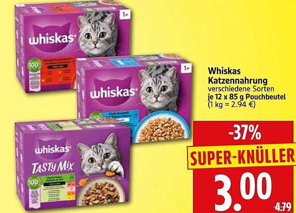 Whiskas Katzennahrung verschiedene Sorten je 12 x 85 g Pouchbeutel (1 kg = 2.94 €)