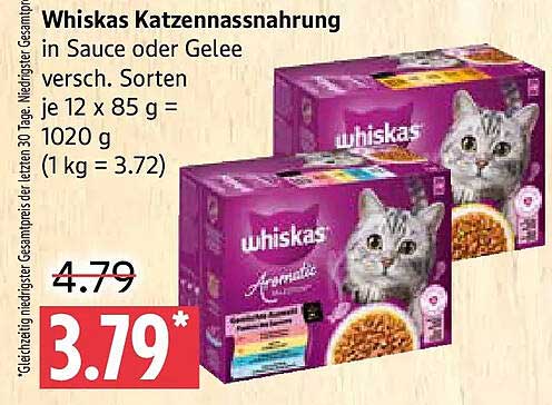 Whiskas Katzennassnahrung in Sauce oder Gelee versch. Sorten je 12 x 85 g = 1020 g (1 kg = 3.72)