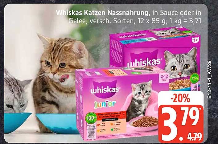 Whiskas Katzennassnahrung, in Sauce oder in Gelee, versch. Sorten, 12 x 85 g, 1 kg = 3,71