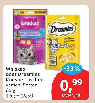 Whiskas oder Dreamies Knuspertaschen versch. Sorten 60 g 1 kg = 16,50