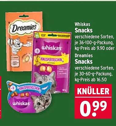 Whiskas Snacks verschiedene Sorten, je 36-100-g-Packung, kg-Preis ab 9.90 oder Dreamies Snacks verschiedene Sorten, je 30-60-g-Packung, kg-Preis ab 16.50