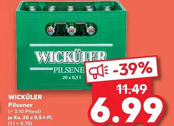 WICKÜLER Pilsener (+ 3,10 Pfand) je Kz. 20 x 0,5-l-Fl. (1 l = 0,70)