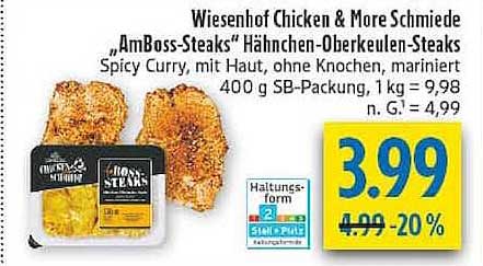 Wiesenhof Chicken & More Schmiede „AmBoss-Steaks“ Hähnchen-Oberkeulen-Steaks Spicy Curry, mit Haut, ohne Knochen, mariniert