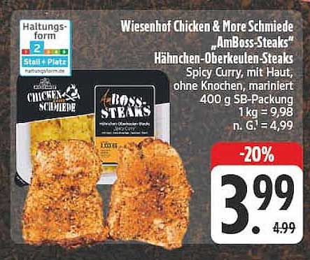 Wiesenhof Chicken & More Schmiede „AmBoss-Steaks“ Hähnchen-Oberkeulen-Steaks Spicy Curry, mit Haut, ohne Knochen, mariniert
