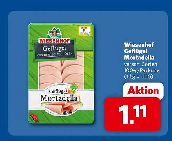 Wiesenhof Geflügel Mortadella versch. Sorten 100-g-Packung (1 kg = 11.10)