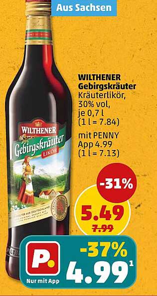 WILTHENER Gebirgskräuter Kräuterlikör, 30% vol, je 0,7 l (1 l = 7.84)