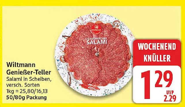 Wiltmann Genießer-Teller Salami in Scheiben, versch. Sorten 1kg = 25,80/16,13 50/80g Packung