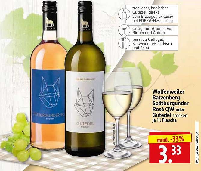 Wolfenweiler Batzenberg Spätburgunder Rosé QW oder Gutedel trocken je 1 Flasche