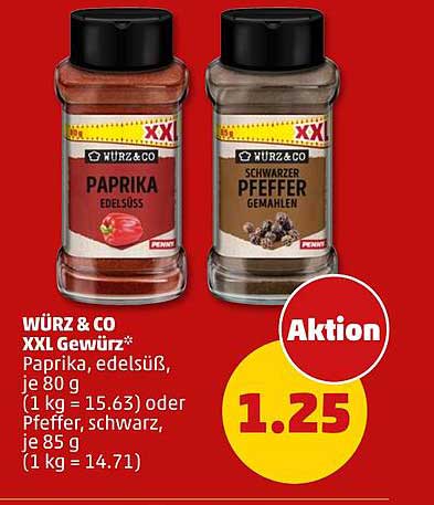 WÜ RZ & CO XXL Gewürz* Paprika, edelsüß, je 80 g (1 kg = 15.63) oder Pfeffer, schwarz, je 85 g (1 kg = 14.71)