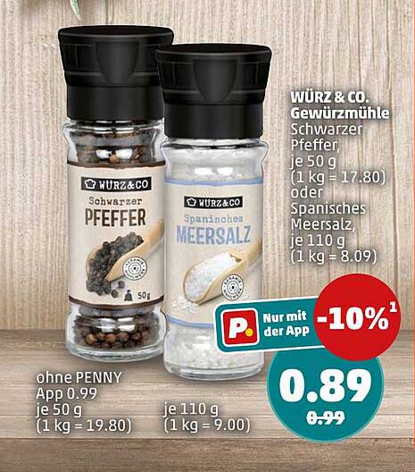 WÜRZ & CO. Gewürzmühle Schwarzer Pfeffer, je 50 g (1 kg = 17.80) oder Spanisches Meersalz, je 110 g (1 kg = 8.09)