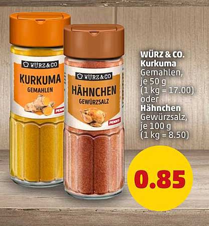 WÜRZ & CO. Kurkuma gemahlen, je 50 g (1 kg = 17.00) oder Hähnchen Gewürzsalz, je 100 g (1 kg = 8.50)