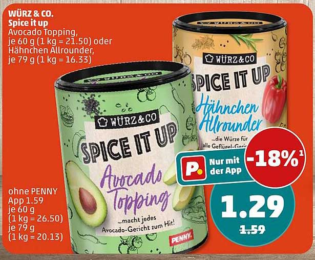 WÜRZ & CO. Spice it up Avocado Topping, je 60 g (1 kg = 21.50) oder Hähnchen Allrounder, je 79 g (1 kg = 16.33)