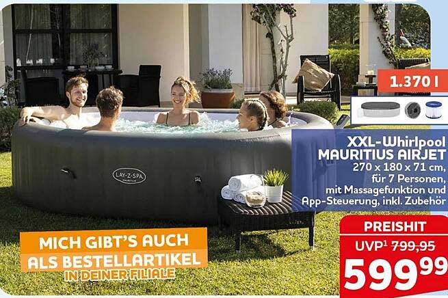 XXL-Whirlpool MAURITIUS AIRJET 270 x 180 x 71 cm, für 7 Personen, mit Massagefunktion und App-Steuerung, inkl. Zubehör
