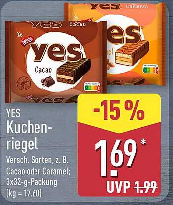 YES Kuchenriegel Versch. Sorten, z. B. Cacao oder Caramel; 3x32-g-Packung (kg = 17.60)