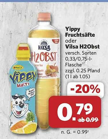 Yippy Fruchtsäfte oder Vilsa H2Obst versch. Sorten 0,33/0,75-l-Flasche zzgl. 0.25 Pfand (1 l ab 1.05)
