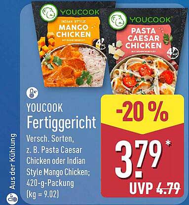 YOUCOOK Fertiggericht Versch. Sorten, z. B. Pasta Caesar Chicken oder Indian Style Mango Chicken; 420-g-Packung (kg = 9.02)