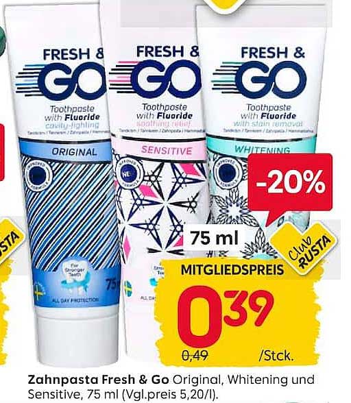 Zahnpasta Fresh & Go Original, Whitening und Sensitive, 75 ml